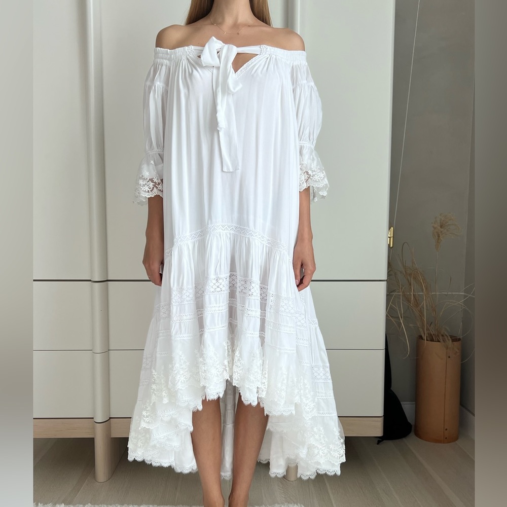 White Midi Boho Style Dress with lace. Handmade. S-M Size - Picture 2 of 14